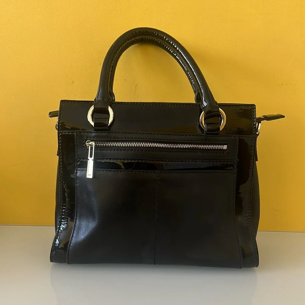 Karen Millen Black Patent Leather Structured Satchel Double Handle Tote Bag